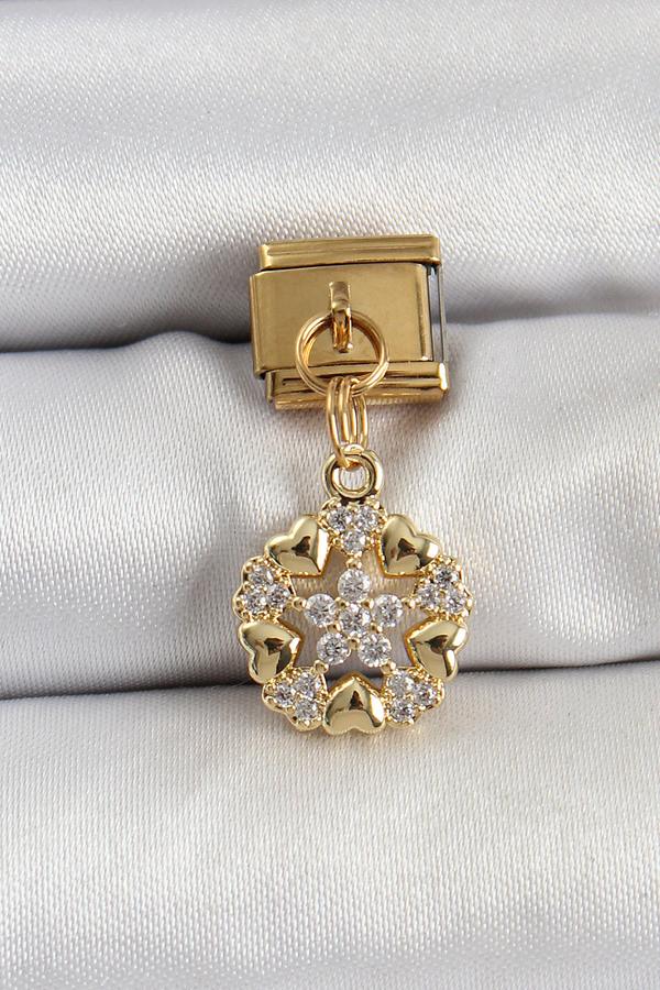 Tj 316L Çeli̇k Sallantılı Zi̇rkon Taşlı Kalp Detaylı Yıldz Model Gold Renk Nomi̇nati̇on Charm Tj-Bc1415