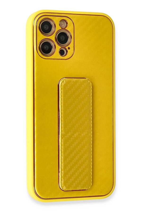 İphone 12 Pro Max Kılıf Coco Karbon Standlı Kapak - Sarı - Dropx2868-3565