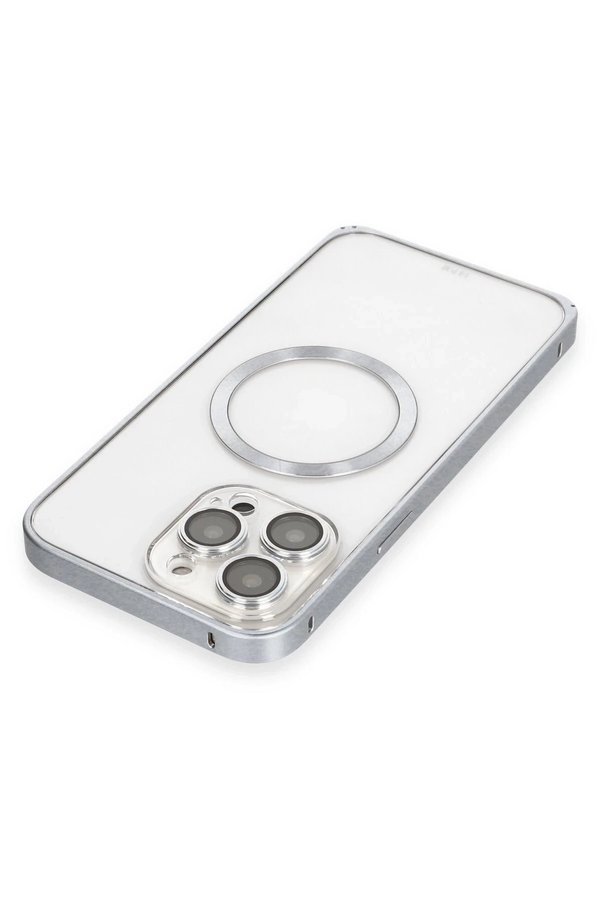 İphone 15 Pro Max Kılıf Metal Bumper Magneti̇csafe Kapak - Gri̇ - Dropx2011-1601