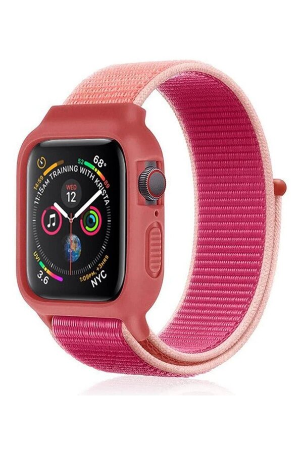 Apple Watch 42Mm Hasırlı Cırtcırtlı Kasalı Kordon - Pudra - Dropx8123-7050