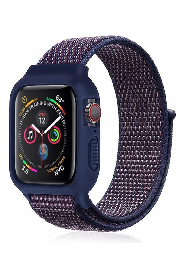 Apple Watch 38Mm Hasırlı Cırtcırtlı Kasalı Kordon - Laci̇vert-Mürdüm - Dropx3975-3438