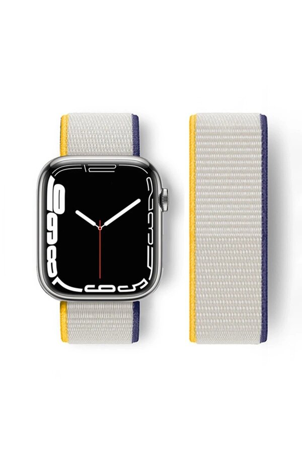 Apple Watch 38Mm Hasırlı Cırtcırtlı Kordon - Sarı-Beyaz