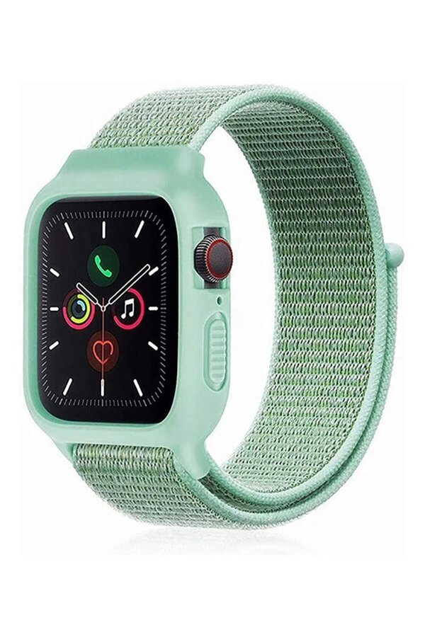 Apple Watch 42Mm Hasırlı Cırtcırtlı Kasalı Kordon - Turkuaz - Dropx8907-5592