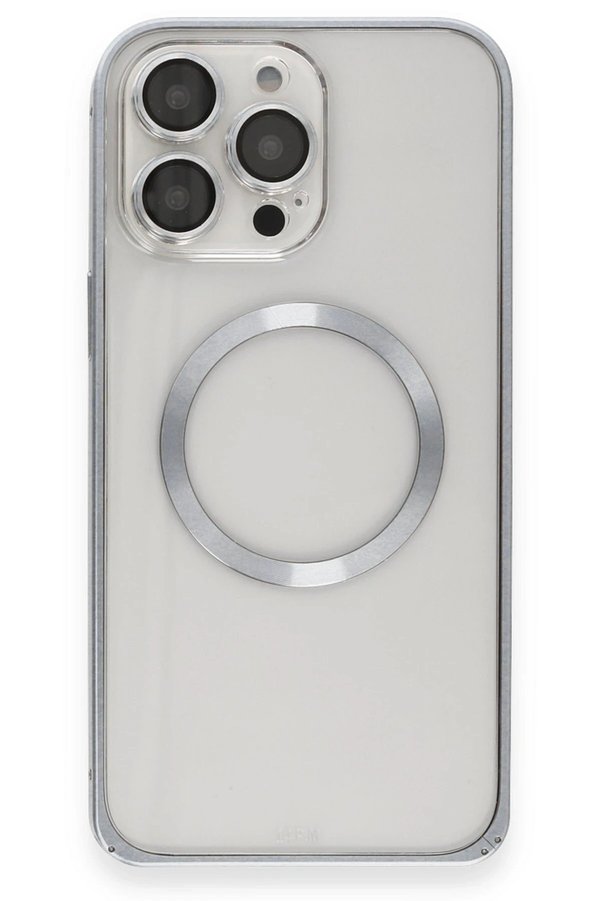 İphone 15 Pro Max Kılıf Metal Bumper Magneti̇csafe Kapak - Gri̇ - Dropx2011-1601