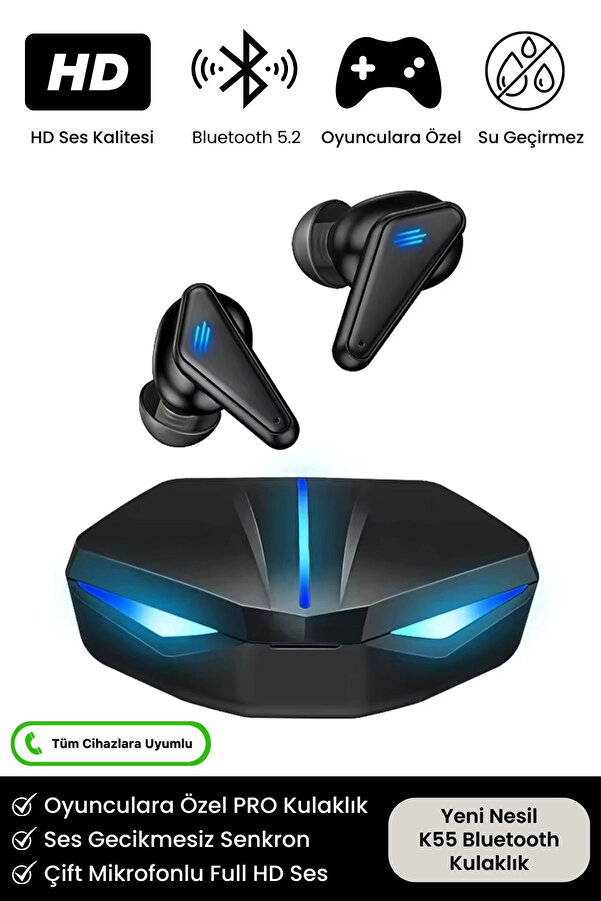 K55 Tws Pro Oyuncu Kulaklığı 3D Stereo Ses Extra Bass Işıklı Mi̇krofonlu Bluetooth Kablosuz Kulaklık