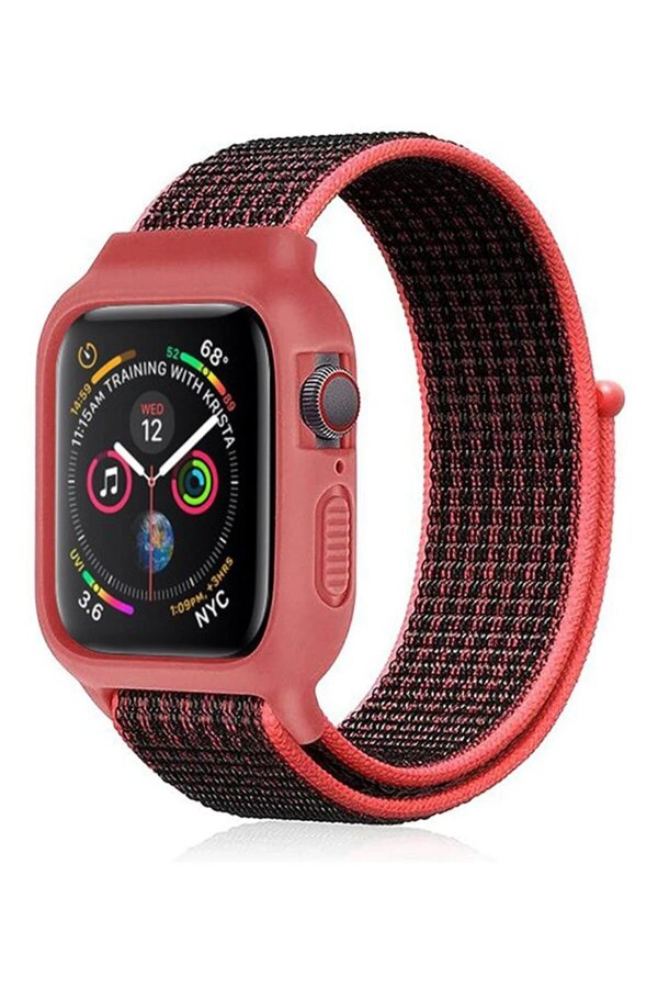 Apple Watch 42Mm Hasırlı Cırtcırtlı Kasalı Kordon - Si̇yah-Pembe - Dropx3904-3519