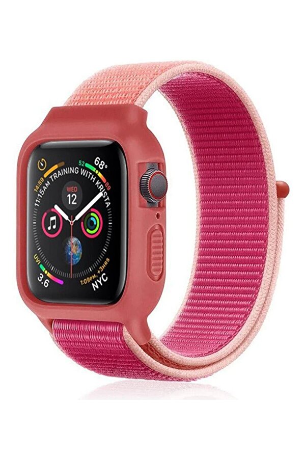 Apple Watch 38Mm Hasırlı Cırtcırtlı Kasalı Kordon - Pudra - Dropx4453-2331
