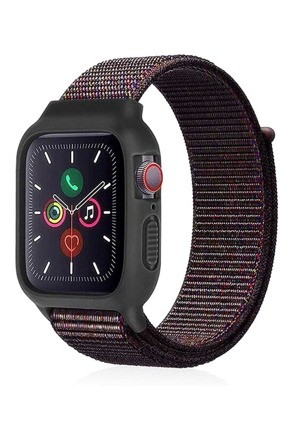 Apple Watch 38Mm Hasırlı Cırtcırtlı Kasalı Kordon - Si̇yah-Mavi̇ - Dropx3386-8008