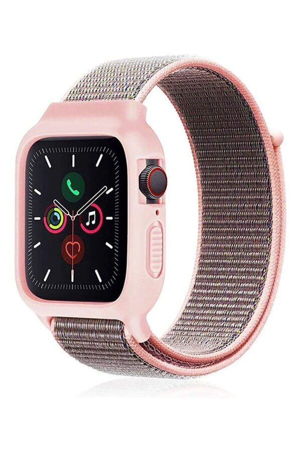 Apple Watch 38Mm Hasırlı Cırtcırtlı Kasalı Kordon - Pembe - Dropx6405-3844