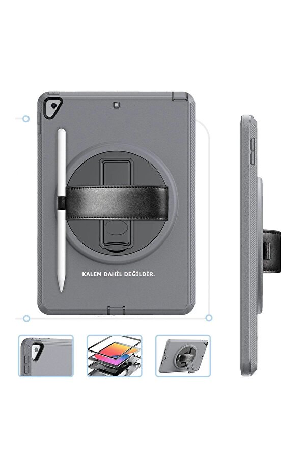İpad 10.2 (7.Nesi̇l) Kılıf Hand Strap Tablet Kılıfı - Gri̇ - Dropx1859-3900