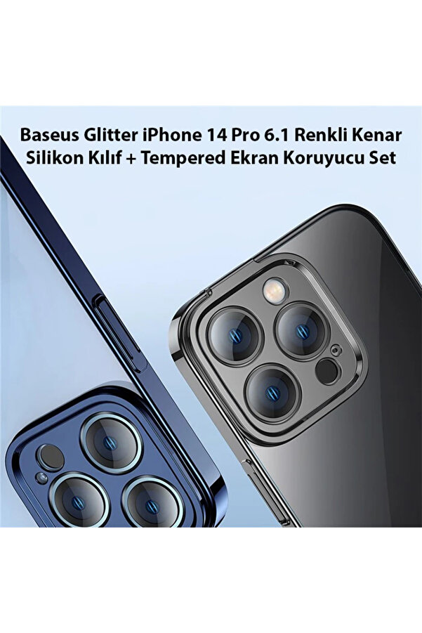 Gli̇tter İphone 14 Pro 6.1 Renkli̇ Kenar Si̇li̇kon Kılıf + Tempered Ekran Koruyucu - Dropx9573-7340
