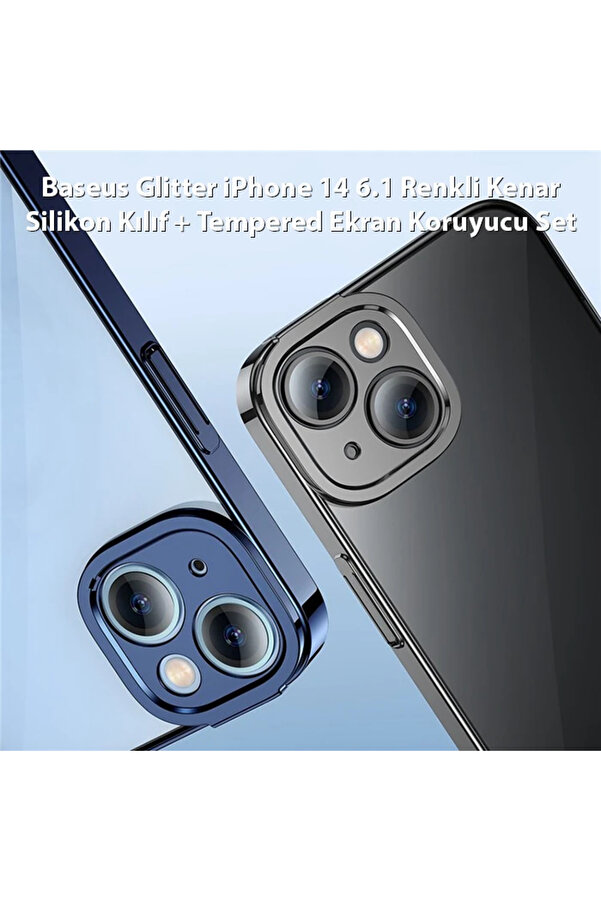 Gli̇tter İphone 14 6.1 Renkli̇ Kenar Si̇li̇kon Kılıf + Tempered Ekran Koruyucu Set - Dropx7641-7295