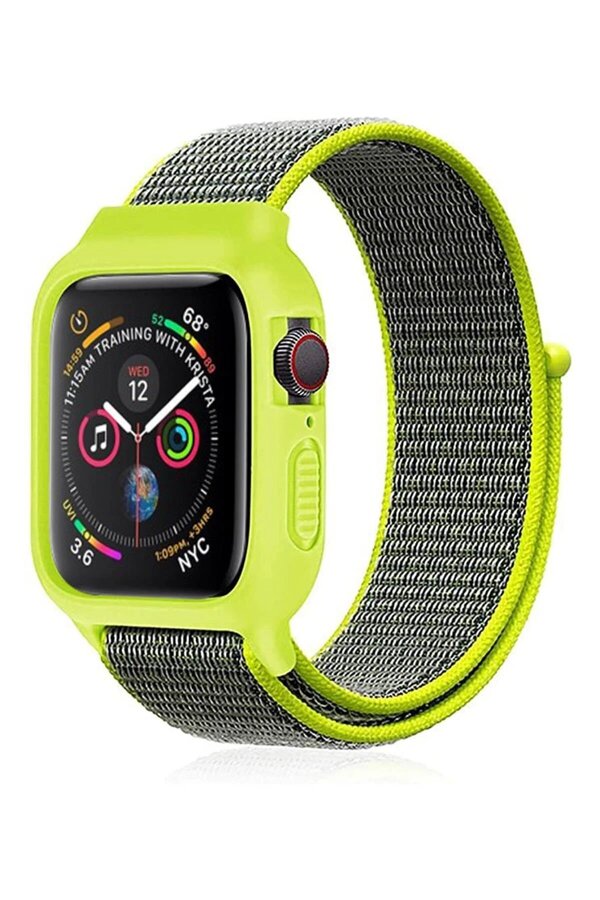 Apple Watch 38Mm Hasırlı Cırtcırtlı Kasalı Kordon - Yeşi̇l - Dropx9831-8012