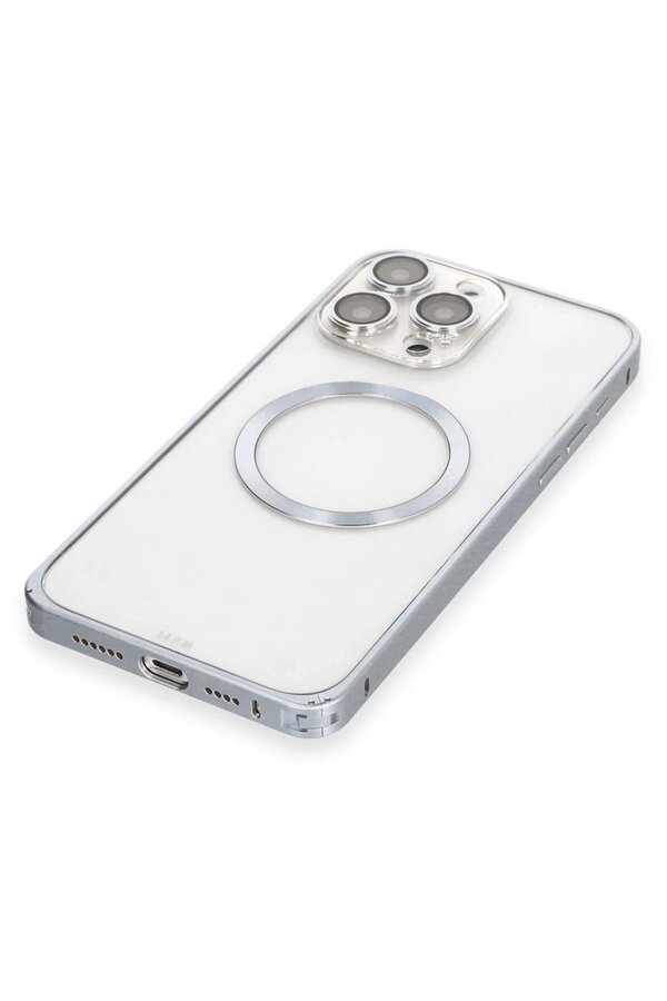 İphone 15 Pro Max Kılıf Metal Bumper Magneti̇csafe Kapak - Gri̇ - Dropx2011-1601
