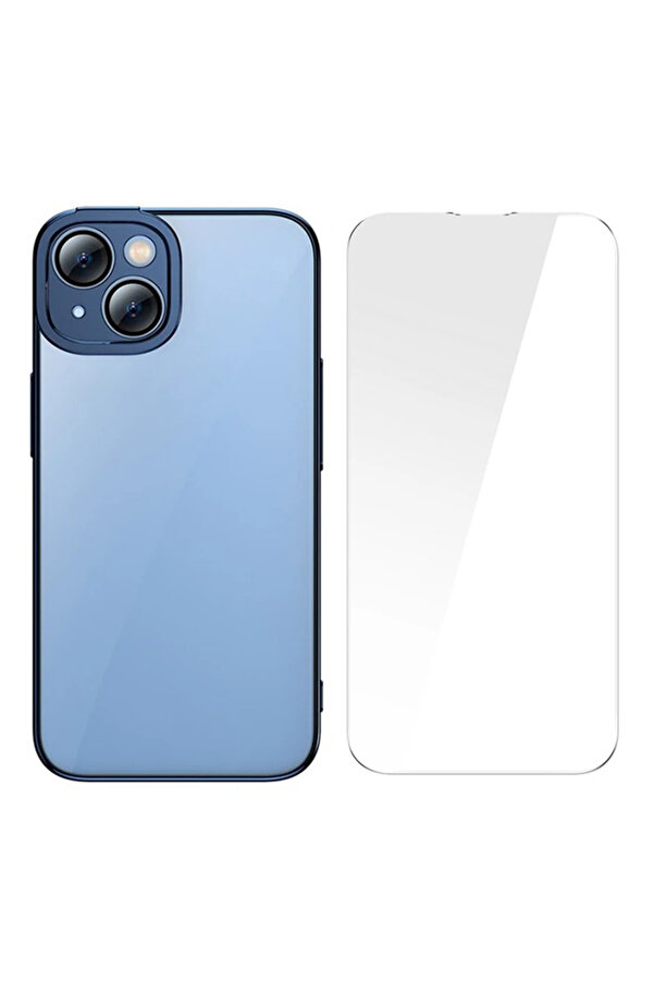 Gli̇tter İphone 14 6.1 Renkli̇ Kenar Si̇li̇kon Kılıf + Tempered Ekran Koruyucu Set - Dropx7641-7295
