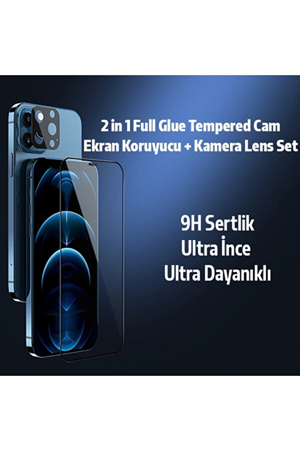 İphone 12 Pro Max 2İn1 Full Glue Tempered Cam Ekran Koruyucu +Kamera Lens Set- - Dropx5257-7240