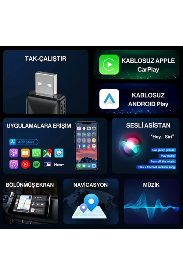 Ezere Ally Kablosuz Car Play Adaptörü Ve Android Cihazlar Için Wireless Carplay Çeviri - Karbul4151-8