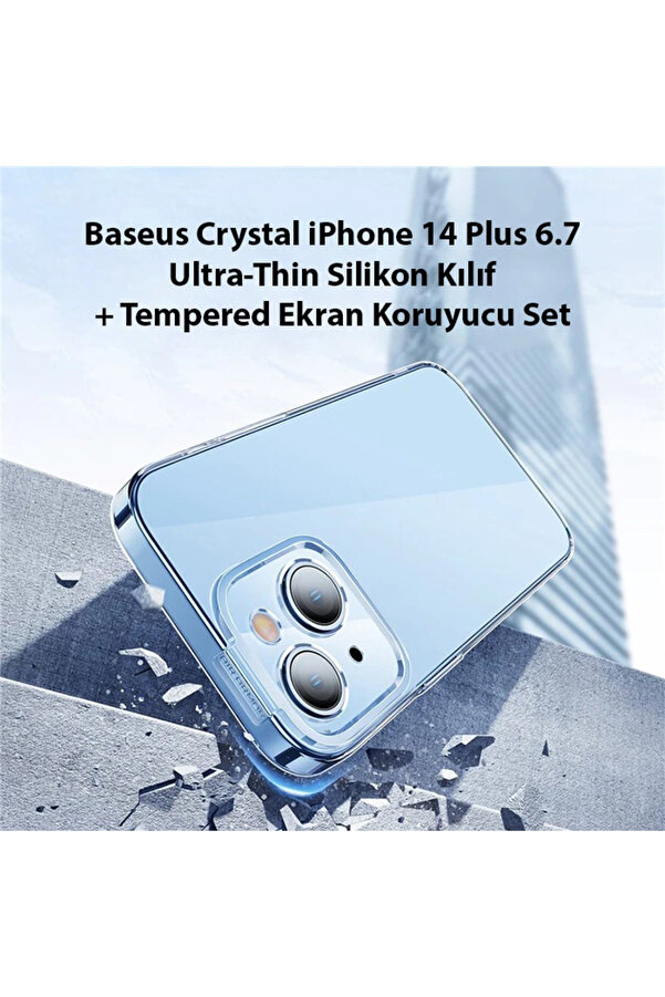 Crystal İphone 14 Plus 6.7 Ultra-Thi̇n Si̇li̇kon Kılıf + Tempered Ekran Koruyucu - Dropx3593-2431