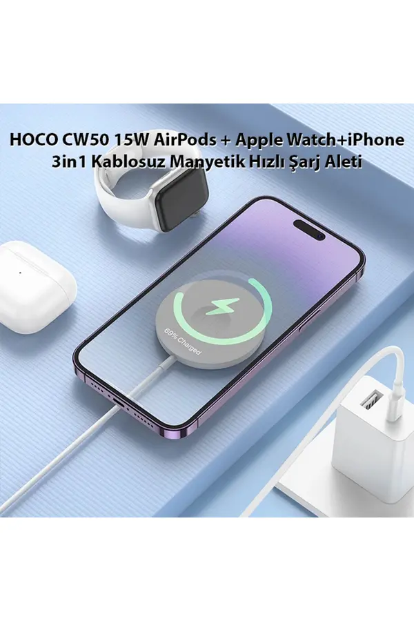 Hoco Cw50 15W + Apple Watch+İphone 3İn1 Kablosuz Manyeti̇k Hızlı Şarj Aleti̇-(1 - Dropx8405-1414