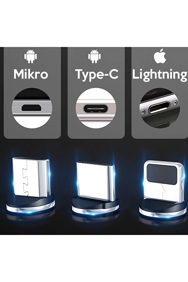 Ally 2M Magneti̇c-Mi̇knati̇sli̇ Usb Sarj Kablosu 3 Basli̇k(İphone+Type-C+Mi̇cro-(1903) - Dropx3508-7837