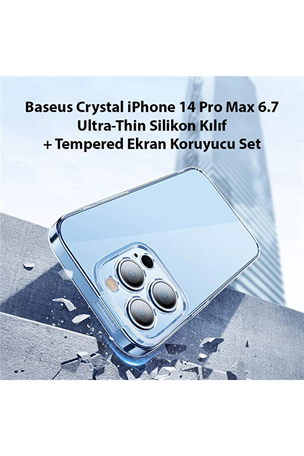 Crystal İphone 14 Pro Max 6.7 Ultra-Thi̇n Si̇li̇kon Kılıf + Tempered Ekran Koruyu - Dropx4911-4291