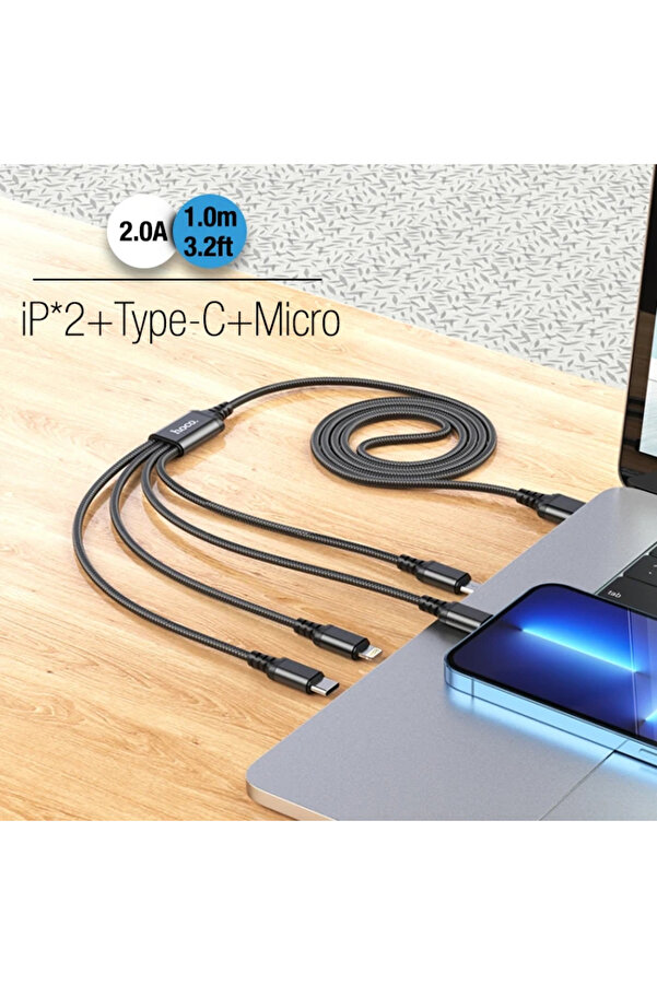 Hoco X76 4İn1 Type-C + İphone Li̇ghtni̇ng + Mi̇cro Usb 2A Şarj Kablosu-(1903) - Rovex8903-2297