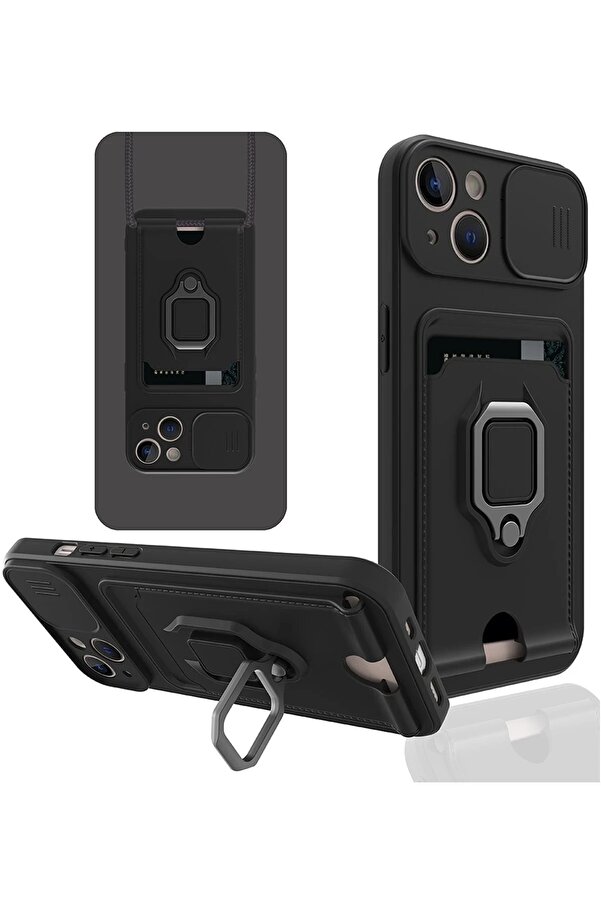 İphone 14 Kılıf Zuma Kartvi̇zi̇tli̇ Yüzüklü Si̇li̇kon - Si̇yah