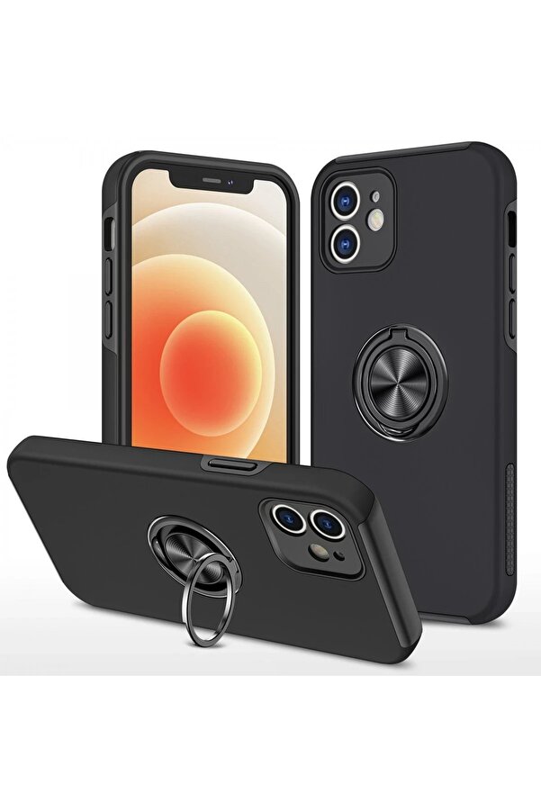 İphone 12 Mi̇ni̇ Kılıf Eli̇t Yüzüklü Kapak - Si̇yah - Dropx1037-6632