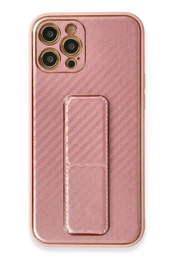 İphone 12 Pro Kılıf Coco Karbon Standlı Kapak - Pembe - Dropx5039-6242