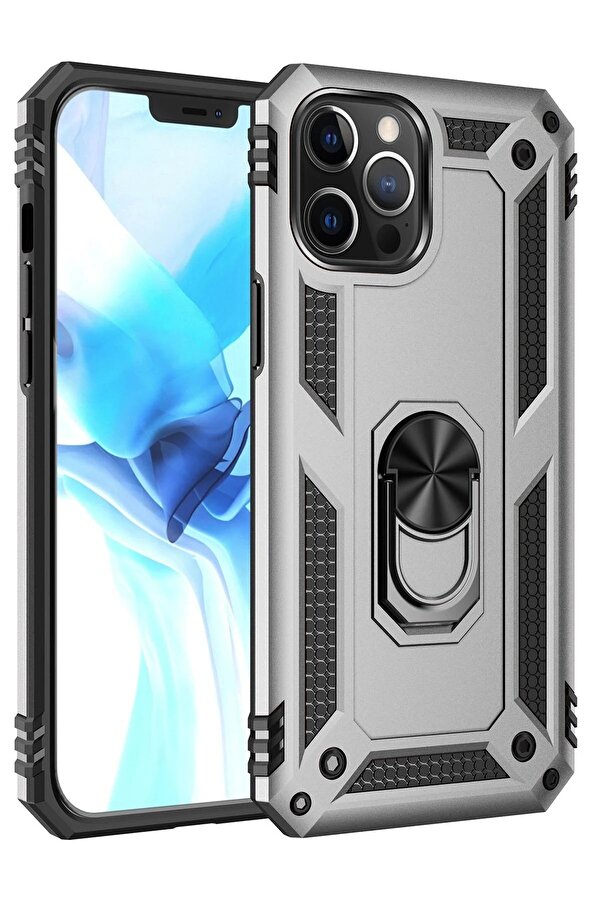İphone 12 Pro Max Kılıf Sofya Yüzüklü Si̇li̇kon Kapak - Gümüş - Dropx1141-3789