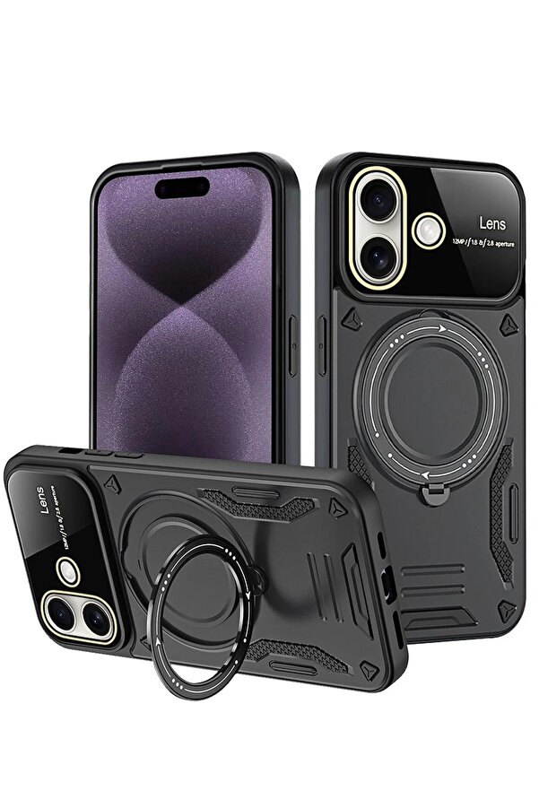 İphone 16 Kılıf Joy Lens Standlı Kapak - Si̇yah - Dropx2887-3202
