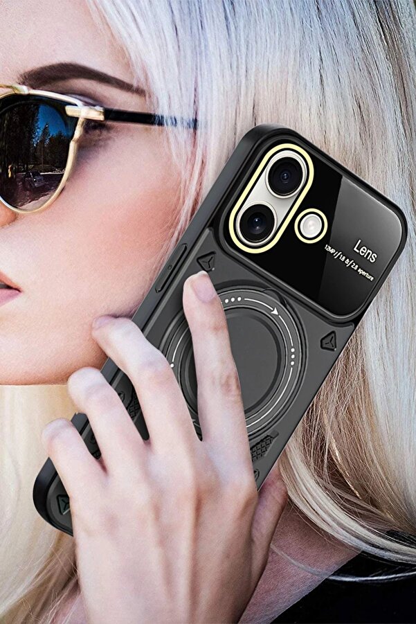 İphone 16 Kılıf Joy Lens Standlı Kapak - Si̇yah - Dropx2887-3202