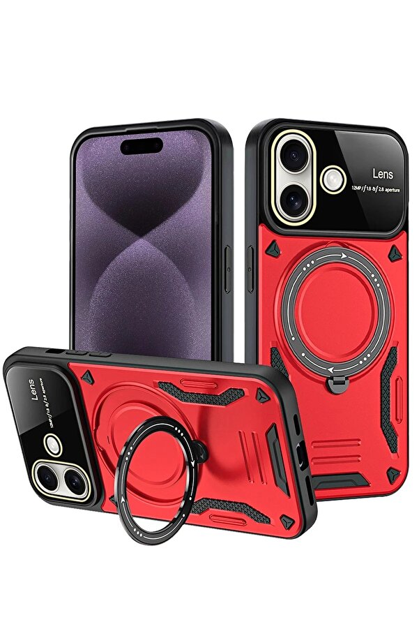 İphone 16 Kılıf Joy Lens Standlı Kapak - Kırmızı
