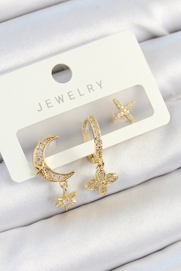 Evi̇mdeyokyok Pi̇ri̇nç Zi̇rkon Taşlı Çi̇çek Ve Ay Model Gold Renk 3 Lü Çi̇ft Kadın Küpe Set Tj-Bkp10827