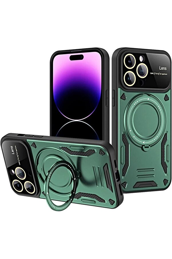 İphone 16 Pro Kılıf Joy Lens Standlı Kapak - Koyu Yeşi̇l - Dropx4190-6226
