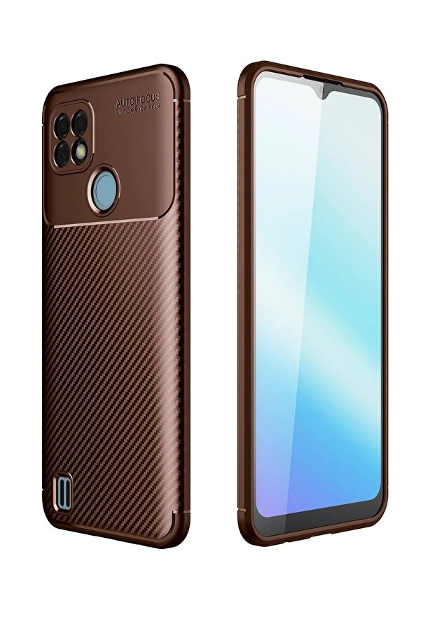 Realme C21 Kılıf Auto Focus Karbon Kapak - Kahverengi̇ - Dropx6438-7626