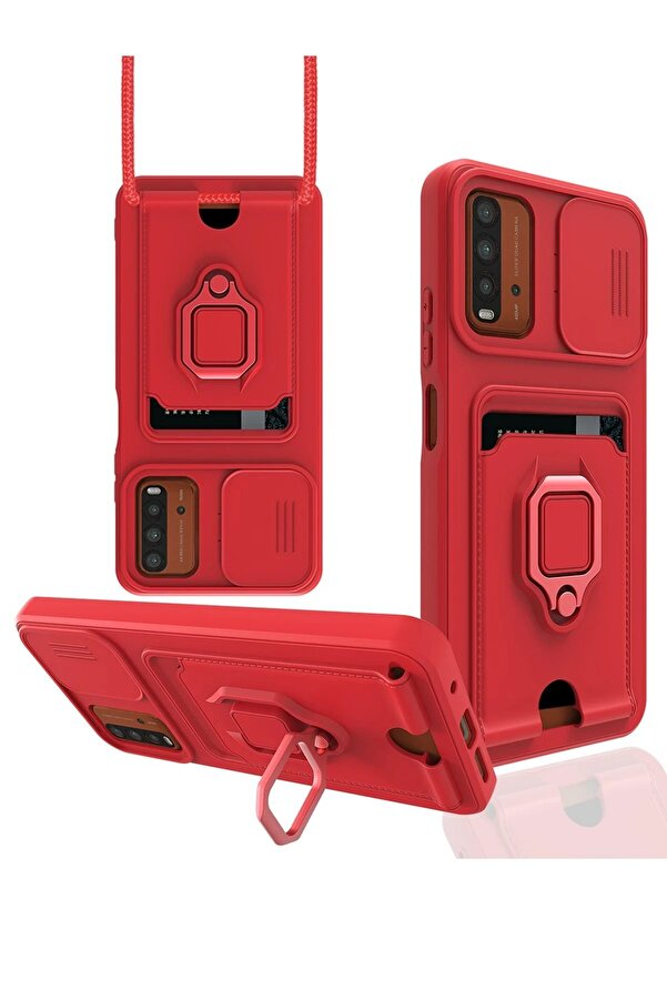 Xi̇aomi̇ Redmi̇ 9T Kılıf Zuma Kartvi̇zi̇tli̇ Yüzüklü Si̇li̇kon - Kırmızı - Dropx8003-1875