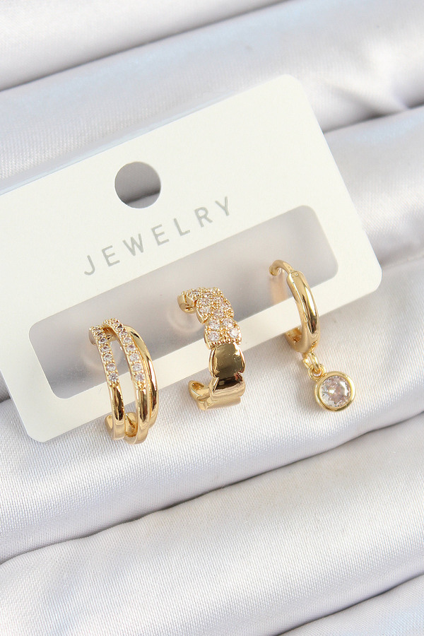 Evimdeyokyok Pirinç Zirkon Taşlı Halka Model Gold Renk 3 Lü Çift Kadın Küpe Set Tj-Bkp10826