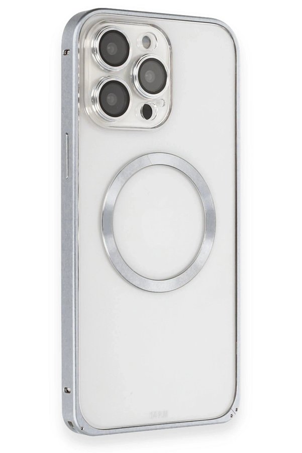 CepteToptan iPhone 15 Pro Max Kılıf Metal Bumper Magneticsafe Kapak - Gri - DROPX2011-1601