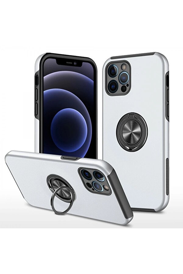 İphone 12 Pro Kılıf Eli̇t Yüzüklü Kapak - Gümüş - Dropx7410-1130