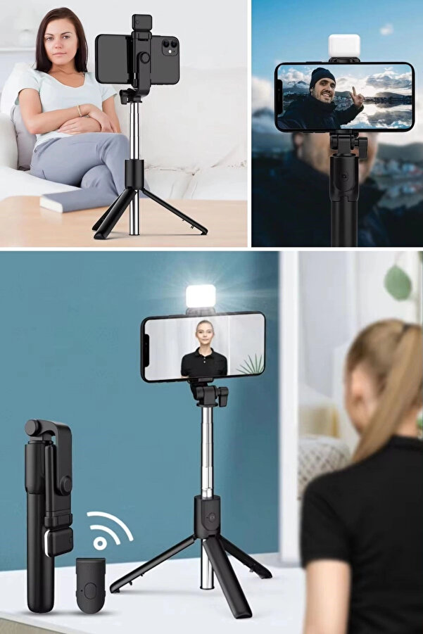 Kendi̇li̇ği̇nden Led Işıklı Kumandalı Uzayabi̇len Selfi̇e Çubuğu,Masa Üstü Tri̇pod