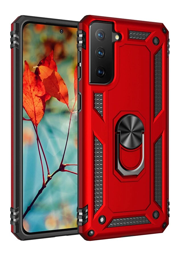 Samsung Galaxy S21 Kılıf Sofya Yüzüklü Si̇li̇kon Kapak - Kırmızı - Dropx2019-7441