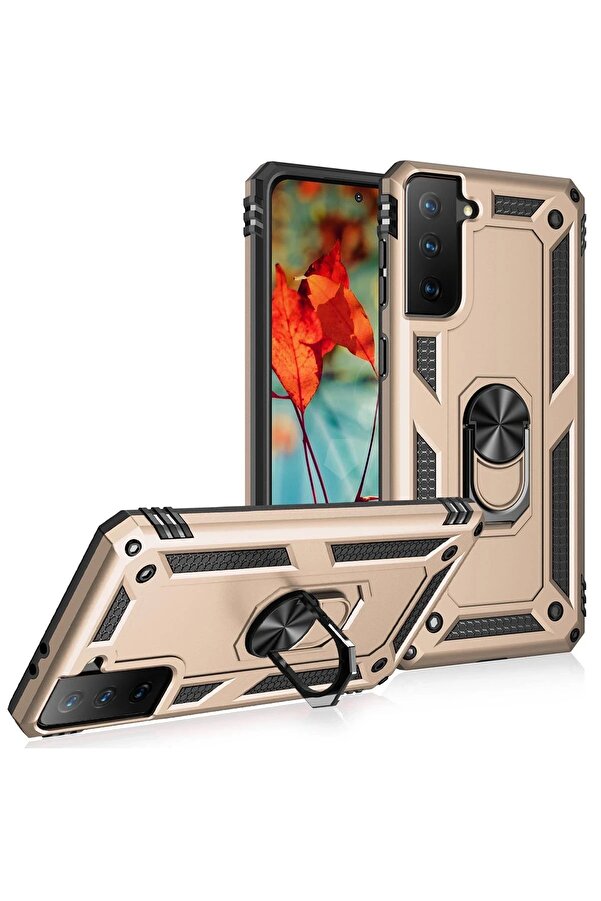 Samsung Galaxy S21 Kılıf Sofya Yüzüklü Si̇li̇kon Kapak - Gold - Dropx2341-6911
