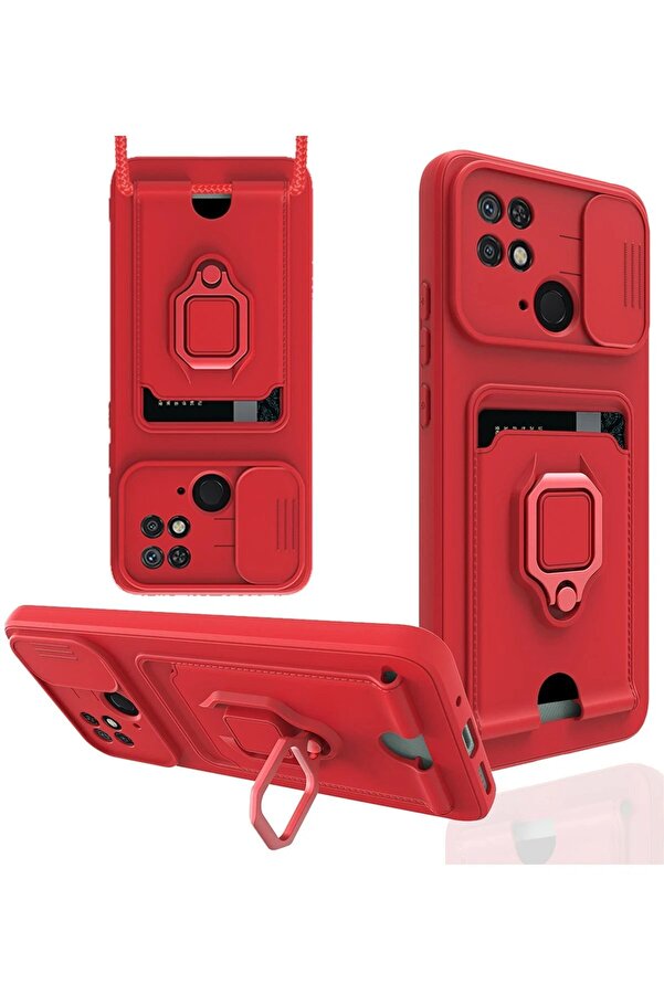 Xi̇aomi̇ Redmi̇ 10C Kılıf Zuma Kartvi̇zi̇tli̇ Yüzüklü Si̇li̇kon - Kırmızı - Dropx6899-6326