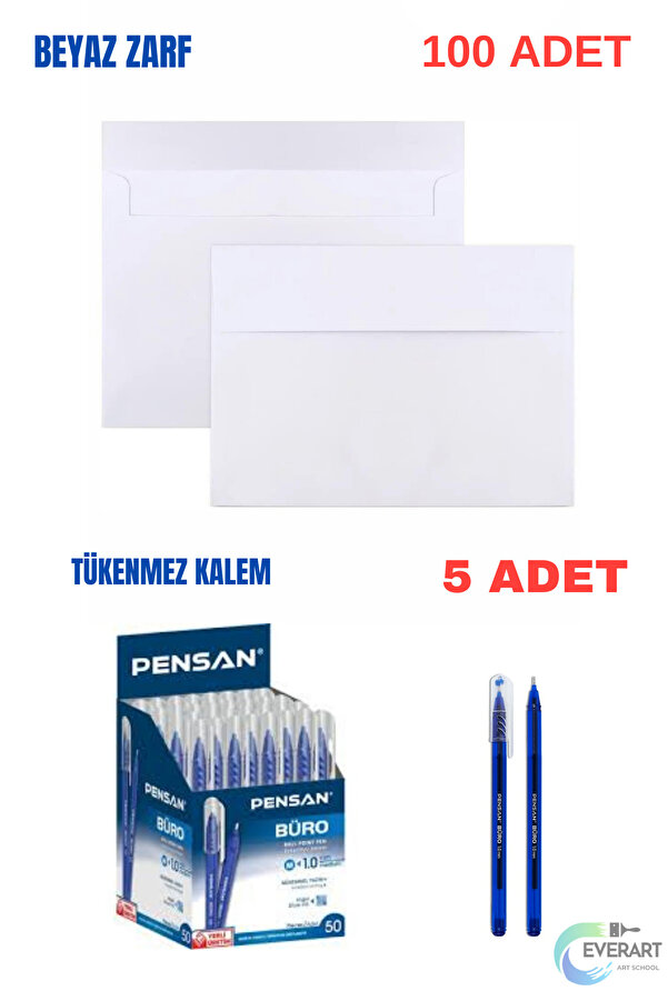 everart Düğün Para Takı Zarfı Ağzı Yapışkanlı 100 Adet Ve 5 Adet Tükenmez Kalem