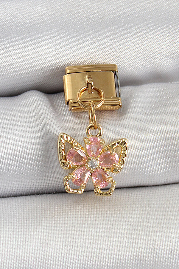 Tj 316L Çeli̇k Sallantılı Zi̇rkon Taşlı Çi̇çek Fi̇gürlü Model Gold Renk Nomi̇nati̇on Charm Tj-Bc1419