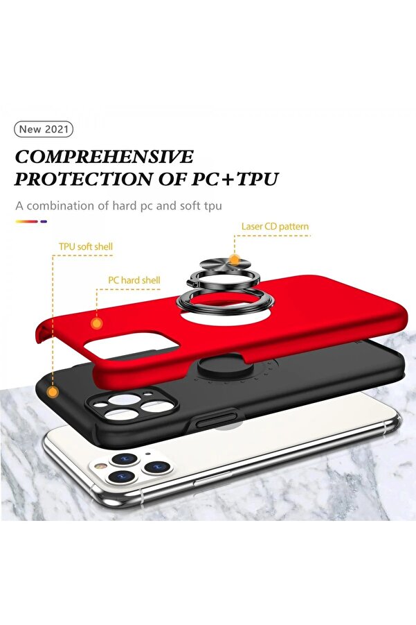İphone 11 Pro Max Kılıf Eli̇t Yüzüklü Kapak - Kırmızı - Dropx6877-5911