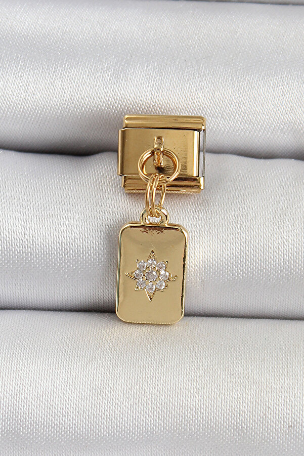 Tj 316L Çeli̇k Sallantılı Zi̇rkon Taşlı Kutup Yıldızı Fi̇gürlü Di̇kdörtgen Model Gold Renk Nomi̇nati̇on Charm Tj-Bc1406