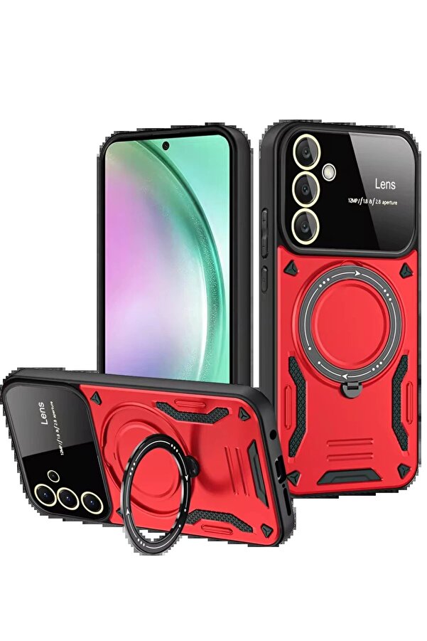 Samsung Galaxy S24 Fe Kılıf Joy Lens Standlı Kapak - Kırmızı - Dropx9695-7982