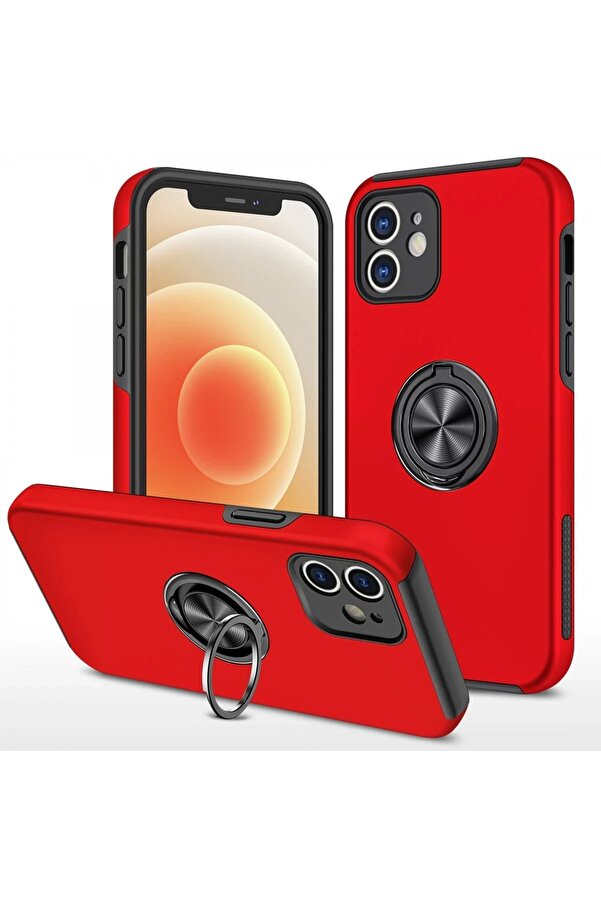 İphone 12 Kılıf Eli̇t Yüzüklü Kapak - Kırmızı - Dropx9630-8762